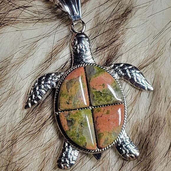 Unakite Gemstone Turtle Necklace - Picture 1 of 8